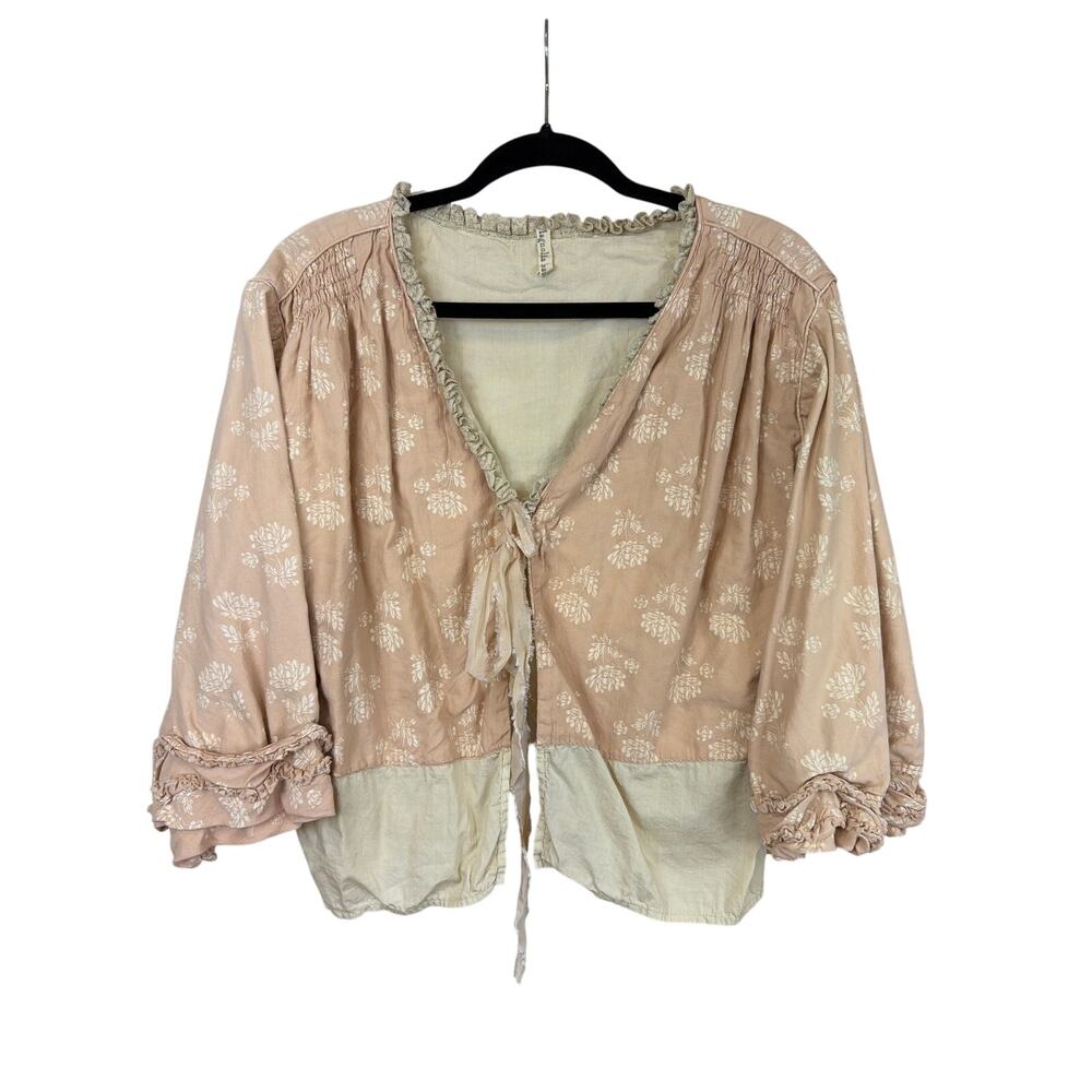Magnolia Pearl Light Pink Cream Floral Tie Front Ruffled Top ONE  SIZE Cotton